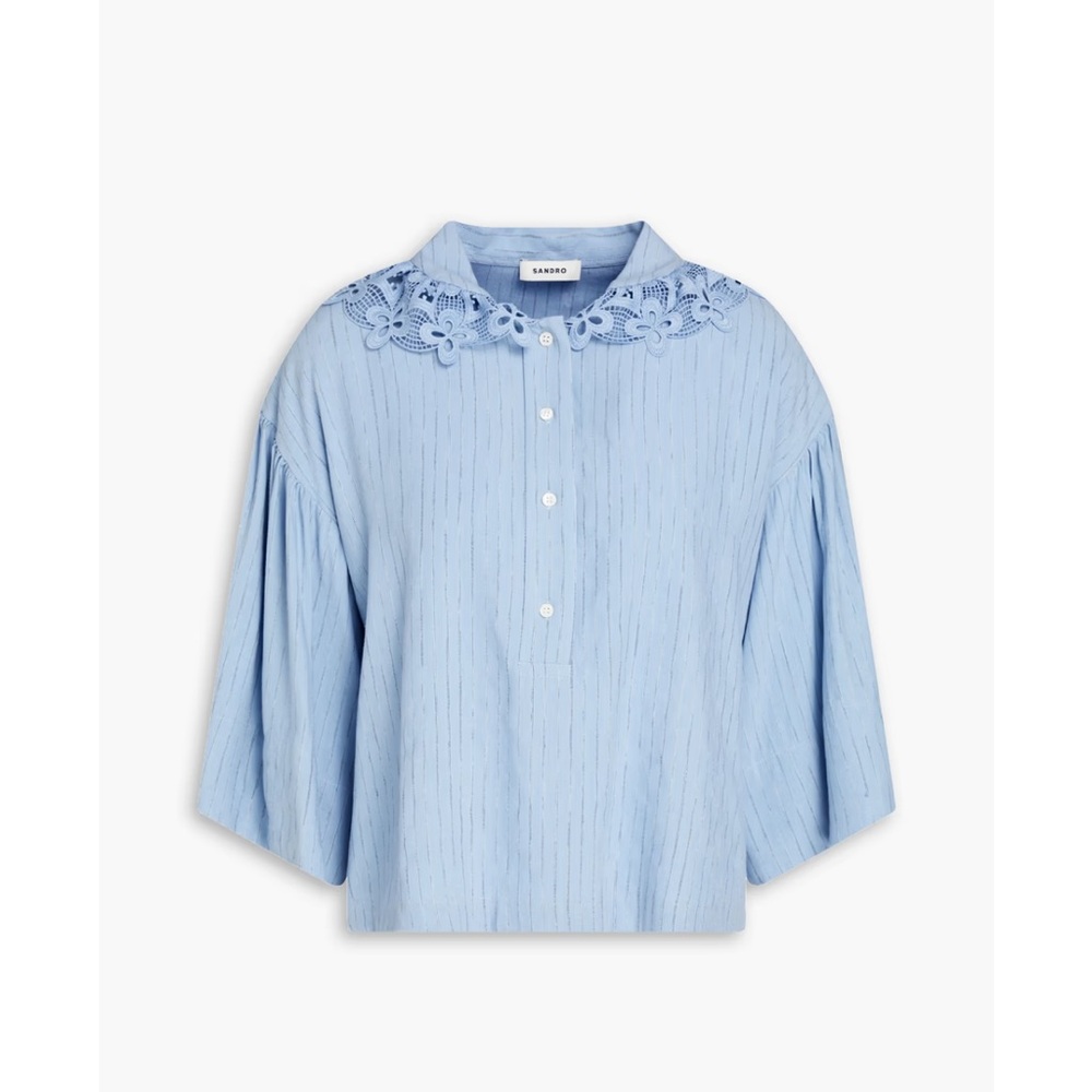 NWOT Sandro Guipure Lace Trimmed Woven Collar Top